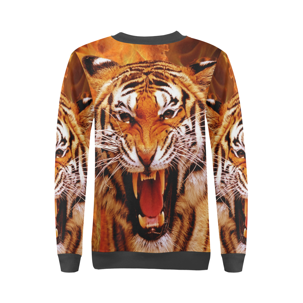 Tiger and Flame All Over Print Crewneck Sweatshirt for Women (Model H18)