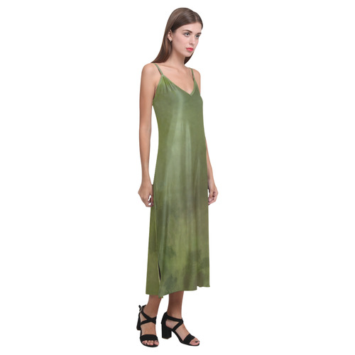 Green brown batik look V-Neck Open Fork Long Dress(Model D18)