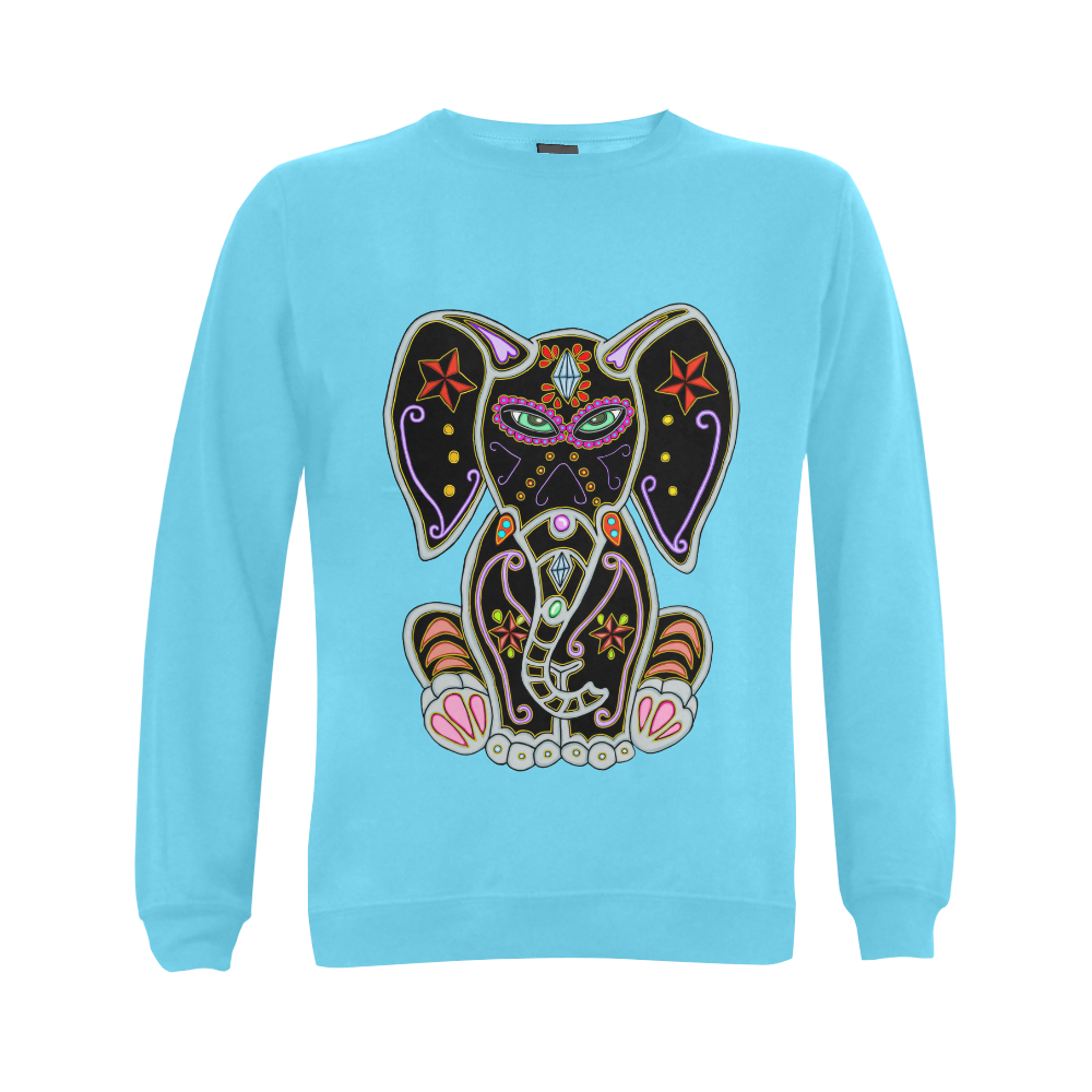 Mystical Sugar Skull Elephant Aqua Blue Gildan Crewneck Sweatshirt(NEW) (Model H01)