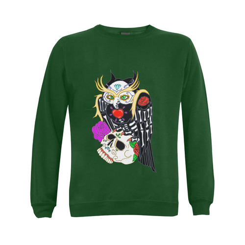 Sugar Skull Owl And Skull Green Gildan Crewneck Sweatshirt(NEW) (Model H01)