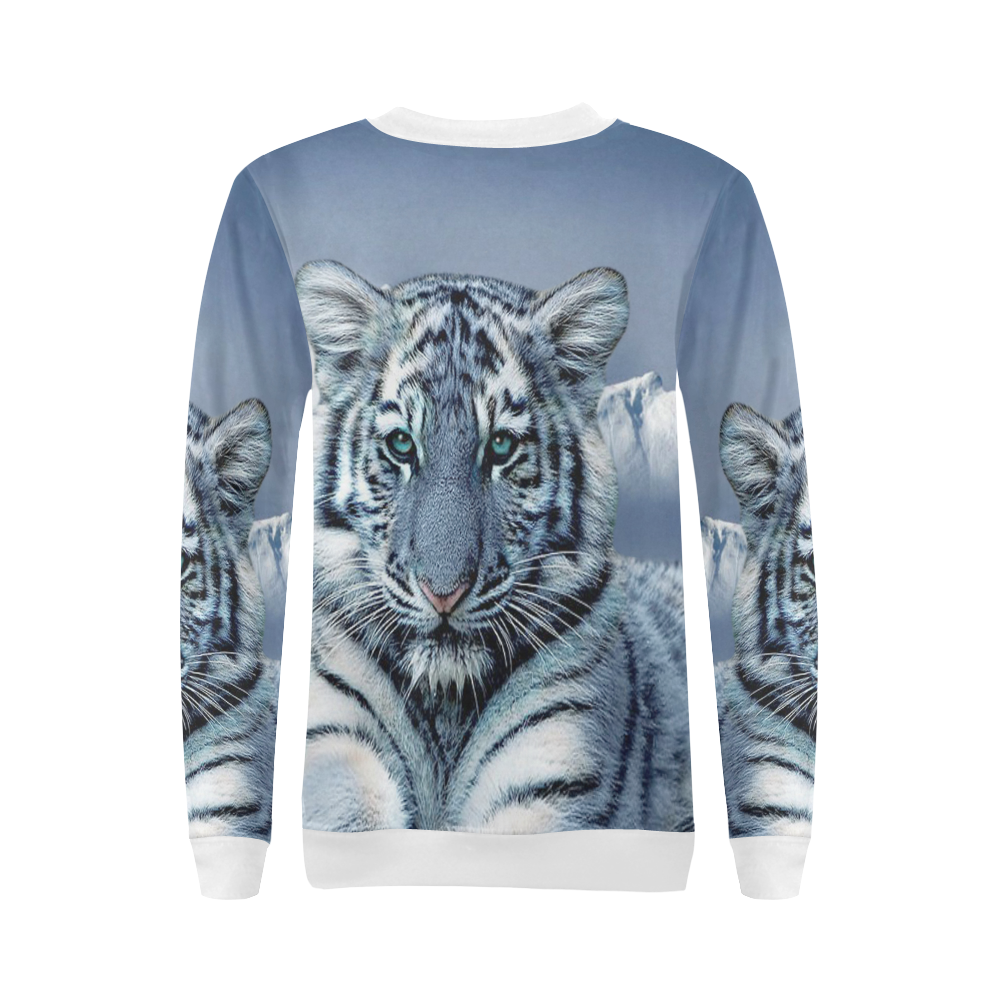 Blue White Tiger All Over Print Crewneck Sweatshirt for Women (Model H18)