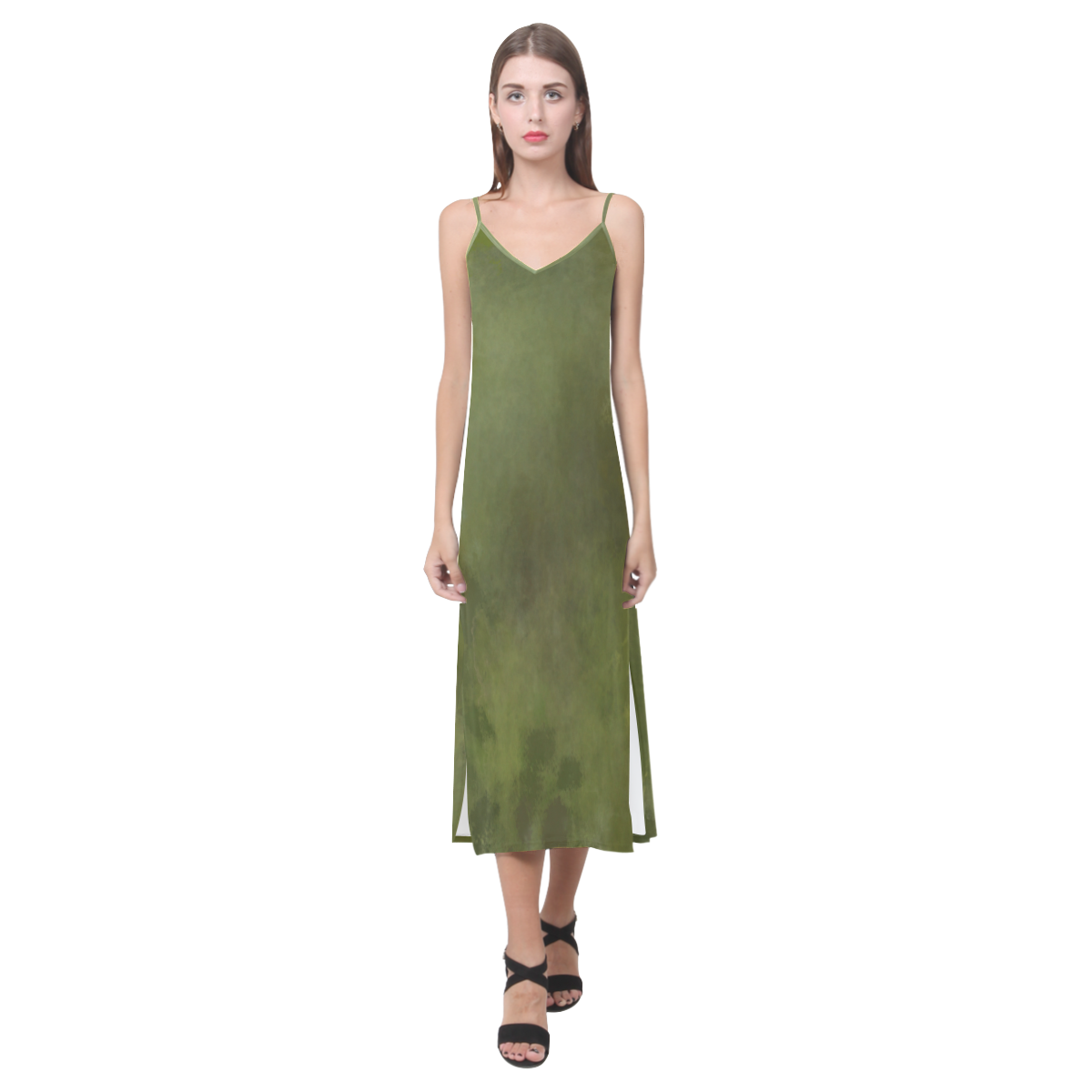 Green brown batik look V-Neck Open Fork Long Dress(Model D18)