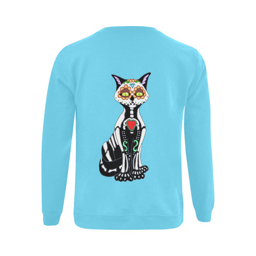 Sugar Skull Cat Aqua Blue Gildan Crewneck Sweatshirt(NEW) (Model H01)
