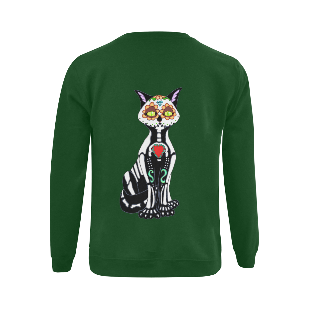 Sugar Skull Cat Green Gildan Crewneck Sweatshirt(NEW) (Model H01)