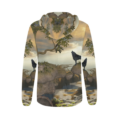 The lonely wolf on a flying rock All Over Print Full Zip Hoodie for Women (Model H14)
