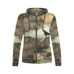 The lonely wolf on a flying rock All Over Print Full Zip Hoodie for Women (Model H14)