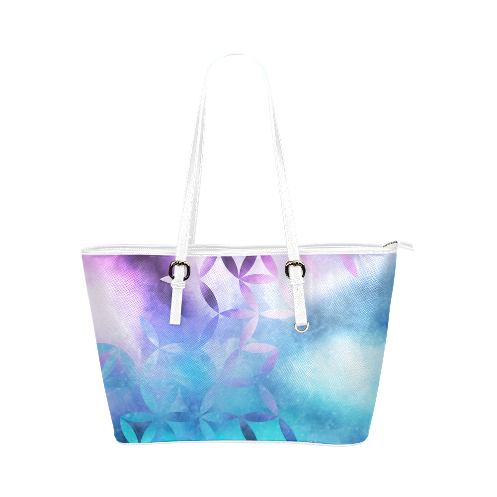 geometric flowers in blue Leather Tote Bag/Small (Model 1651)