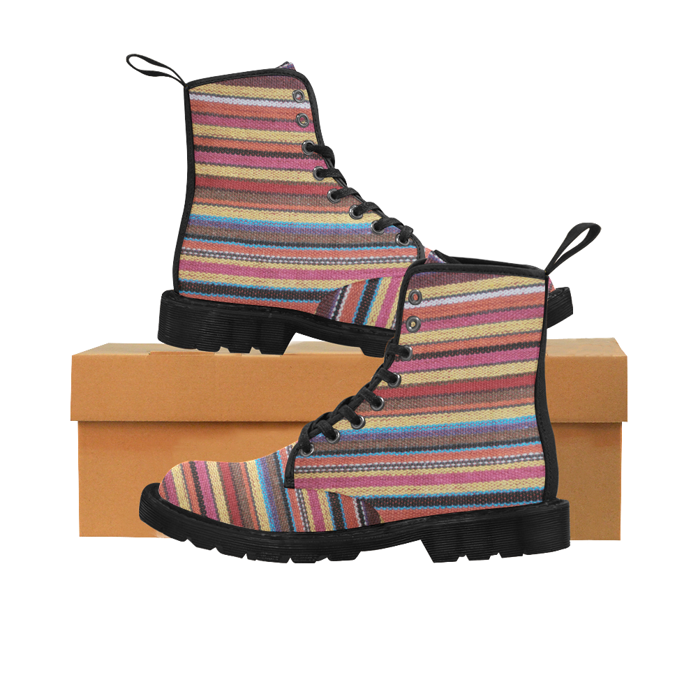 Traditional WOVEN STRIPES FABRIC - colored Martin Boots for Women (Black) (Model 1203H)