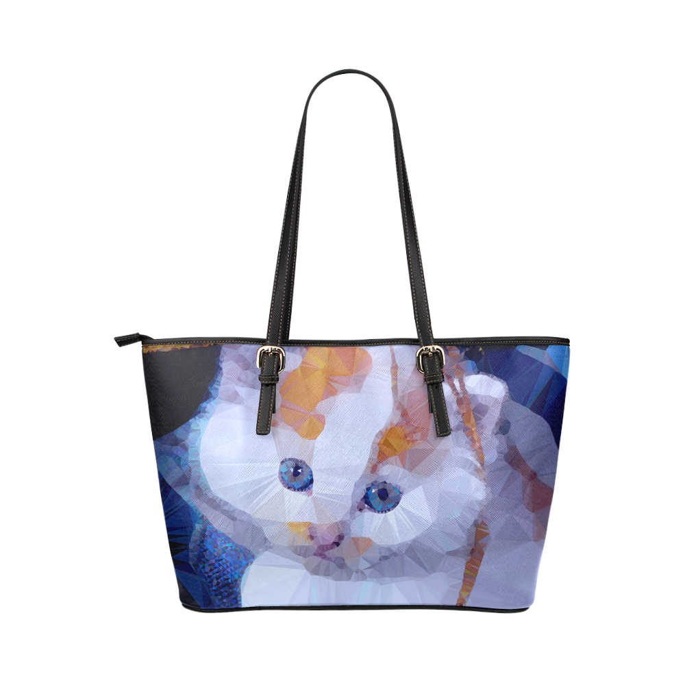 White Kitten Blue Eyes Low Poly Leather Tote Bag/Small (Model 1651)