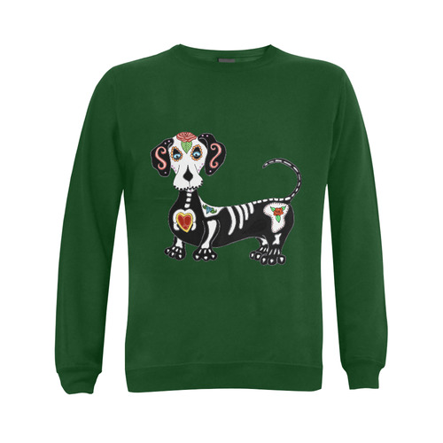 Dachshund Sugar Skull Green Gildan Crewneck Sweatshirt(NEW) (Model H01)