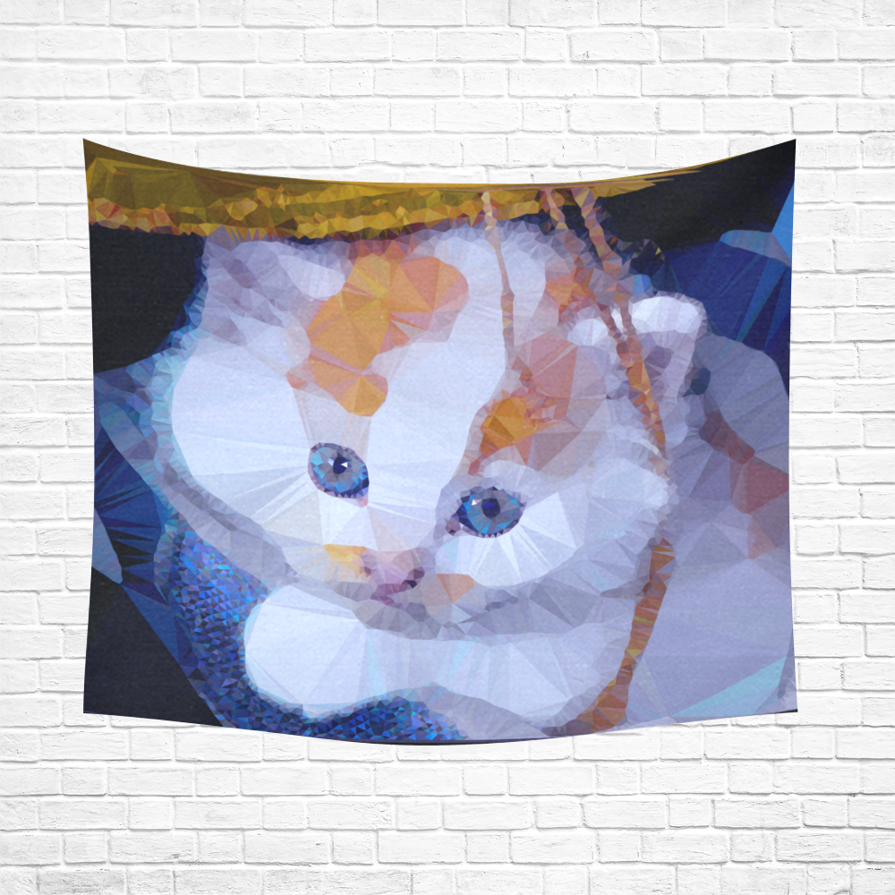 White Kitten Blue Eyes Low Poly Cotton Linen Wall Tapestry 60"x 51"