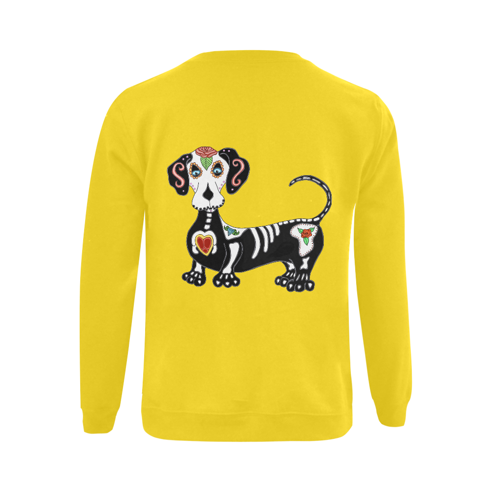 Dachshund Sugar Skull Yellow Gildan Crewneck Sweatshirt(NEW) (Model H01)