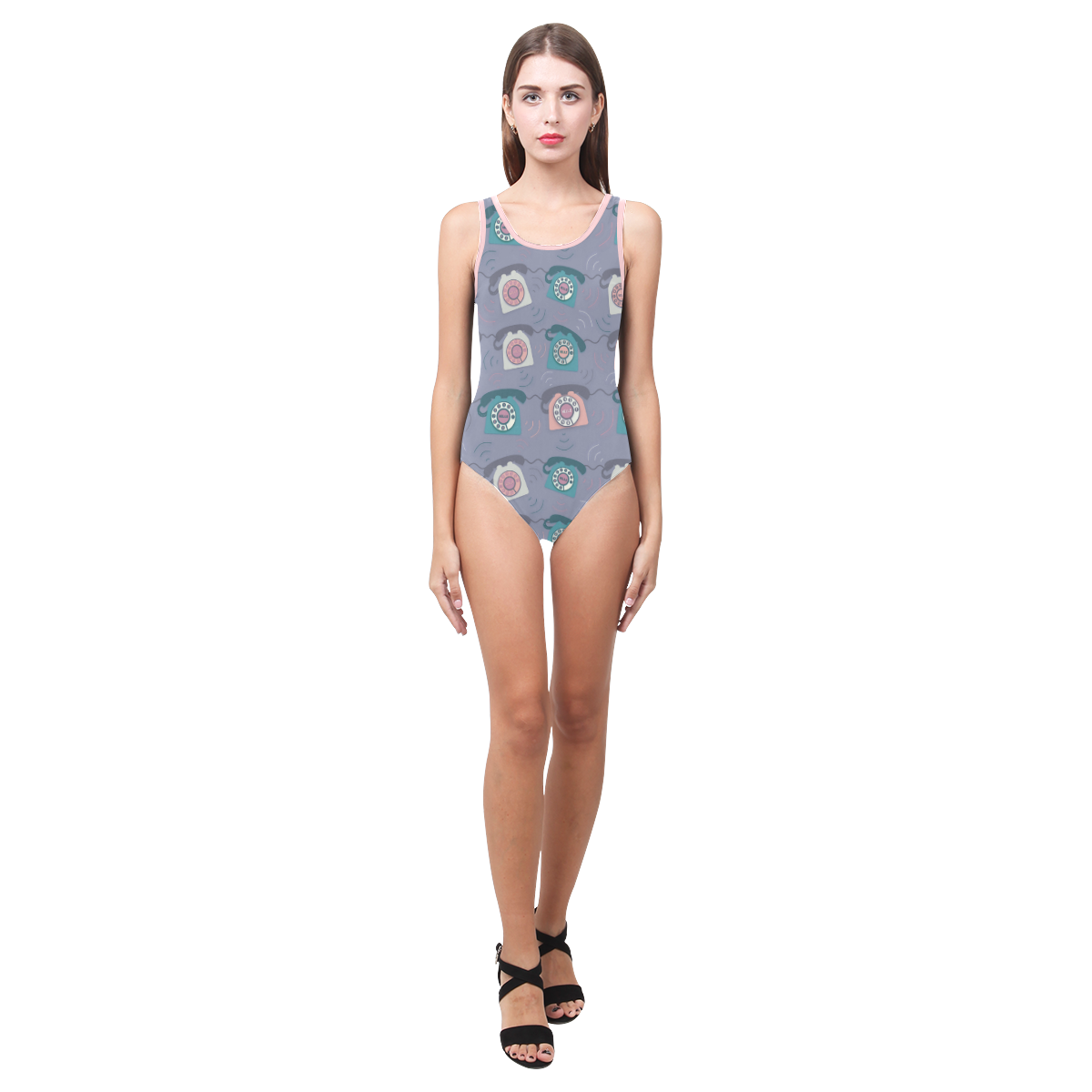 Retro Phone Pattern - Pink and Purple Vest One Piece Swimsuit (Model S04)