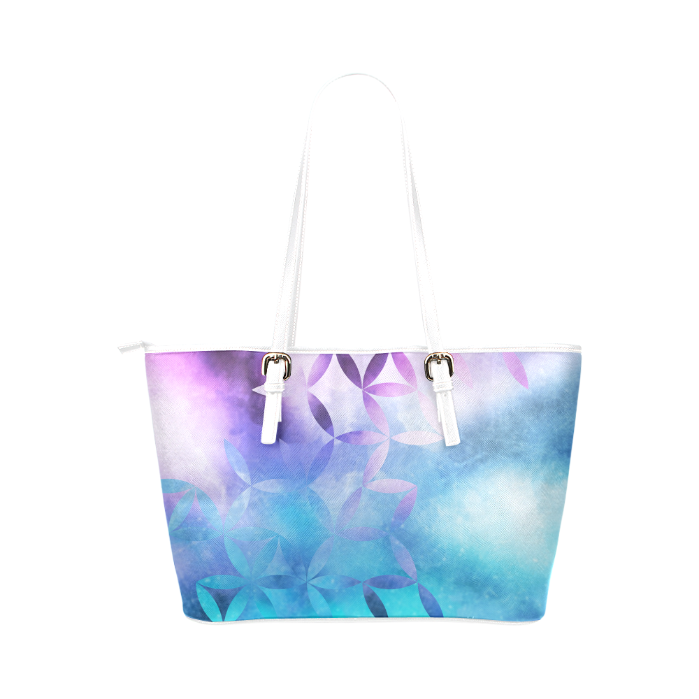 geometric flowers in blue Leather Tote Bag/Small (Model 1651)