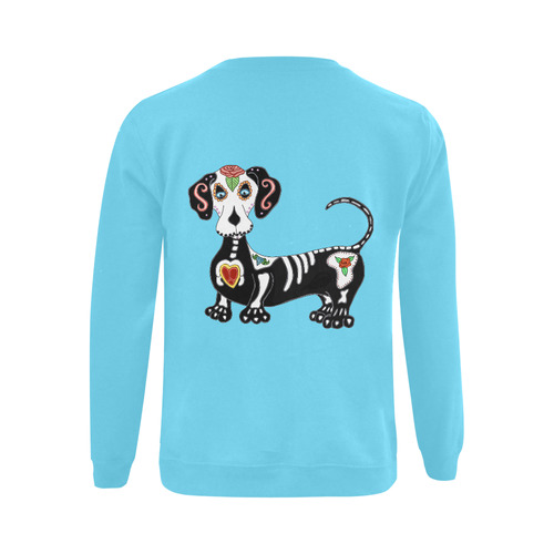 Dachshund Sugar Skull Aqua Blue Gildan Crewneck Sweatshirt(NEW) (Model H01)