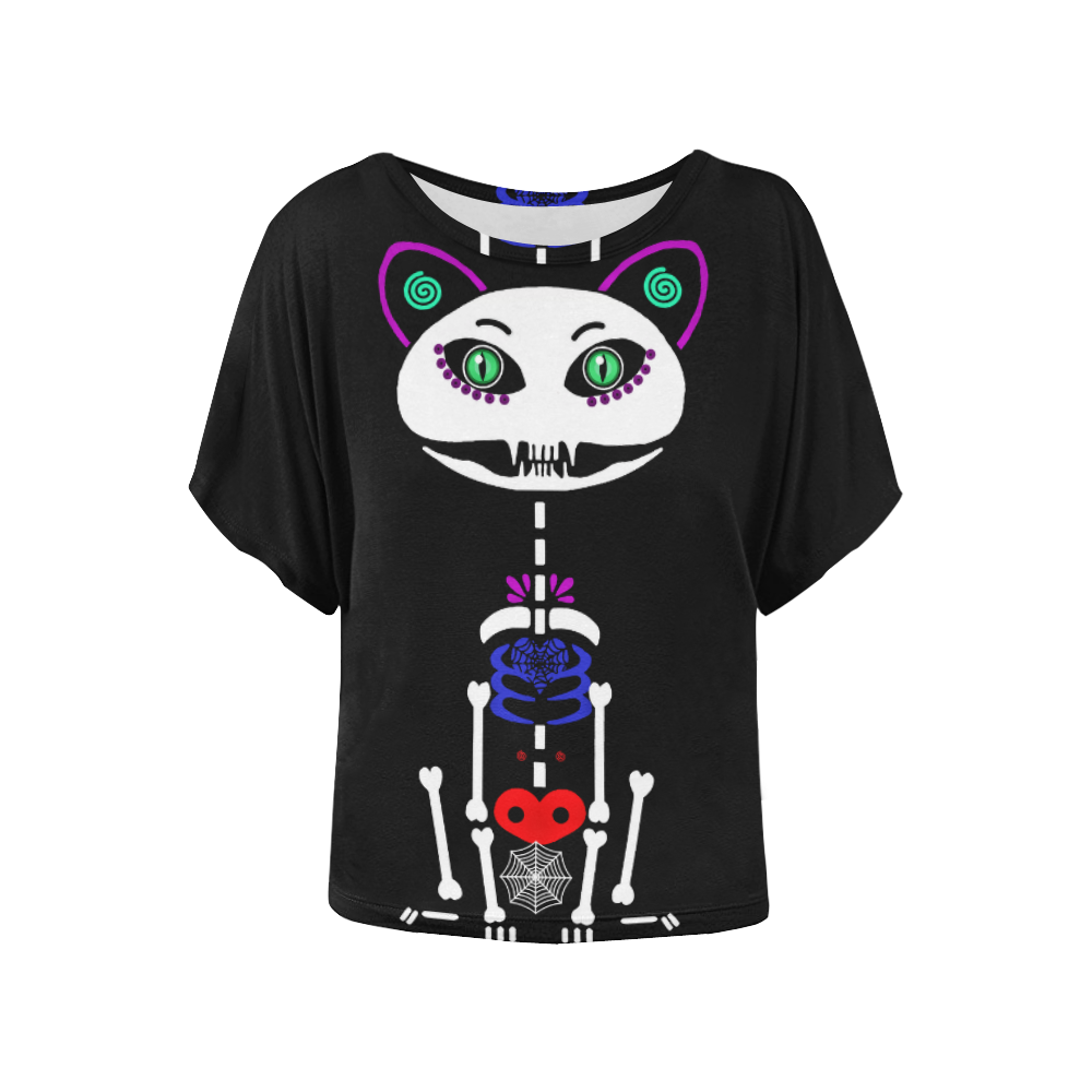 Skelly Pussy Cat Women's Batwing-Sleeved Blouse T shirt (Model T44)