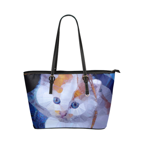 White Kitten Blue Eyes Low Poly Leather Tote Bag/Large (Model 1651)