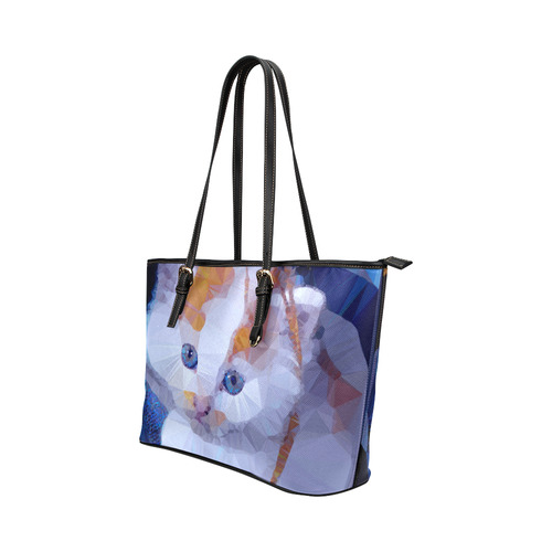 White Kitten Blue Eyes Low Poly Leather Tote Bag/Large (Model 1651)