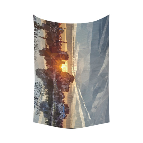 Sunset Winter Landscape Low Poly Triangles Cotton Linen Wall Tapestry 90"x 60"