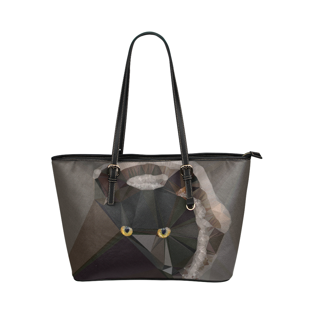 Cat Yellow Eyes Low Poly Triangles Leather Tote Bag/Small (Model 1651)