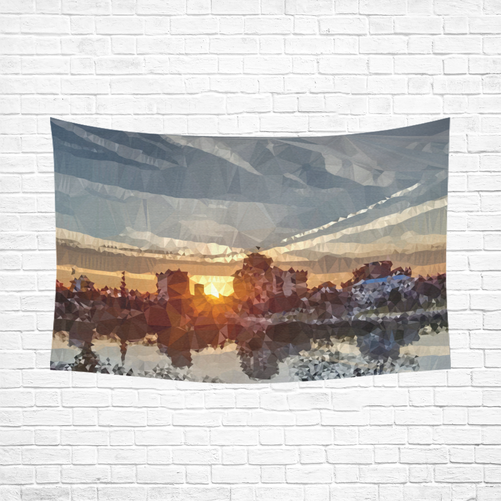 Sunset Winter Landscape Low Poly Triangles Cotton Linen Wall Tapestry 90"x 60"