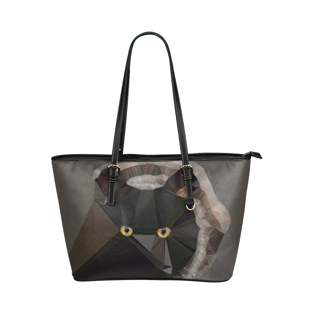 Cat Yellow Eyes Low Poly Triangles Leather Tote Bag/Large (Model 1651)