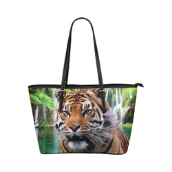 Tiger and Waterfall Leather Tote Bag/Large (Model 1651)