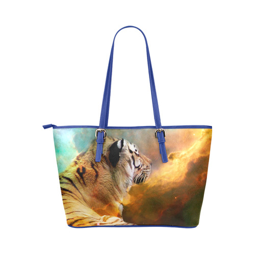 Tiger and Nebula Leather Tote Bag/Large (Model 1651)