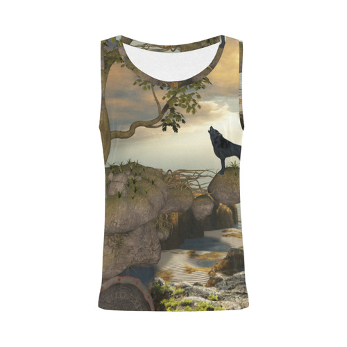 The lonely wolf on a flying rock All Over Print Tank Top for Women (Model T43)