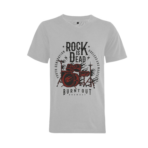 Rock Is Dead Grey Men's V-Neck T-shirt  Big Size(USA Size) (Model T10)