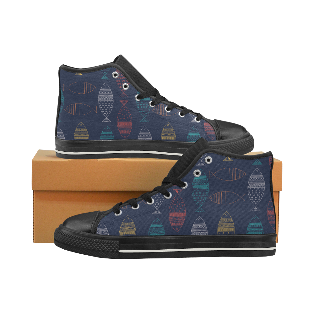 color abstract fish High Top Canvas Shoes for Kid (Model 017)