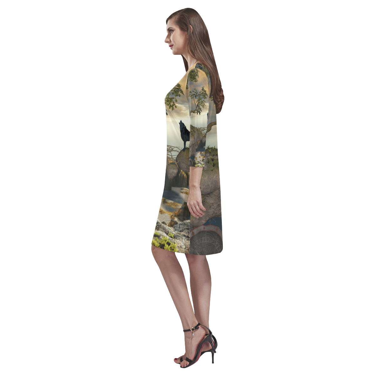 The lonely wolf on a flying rock Rhea Loose Round Neck Dress(Model D22)