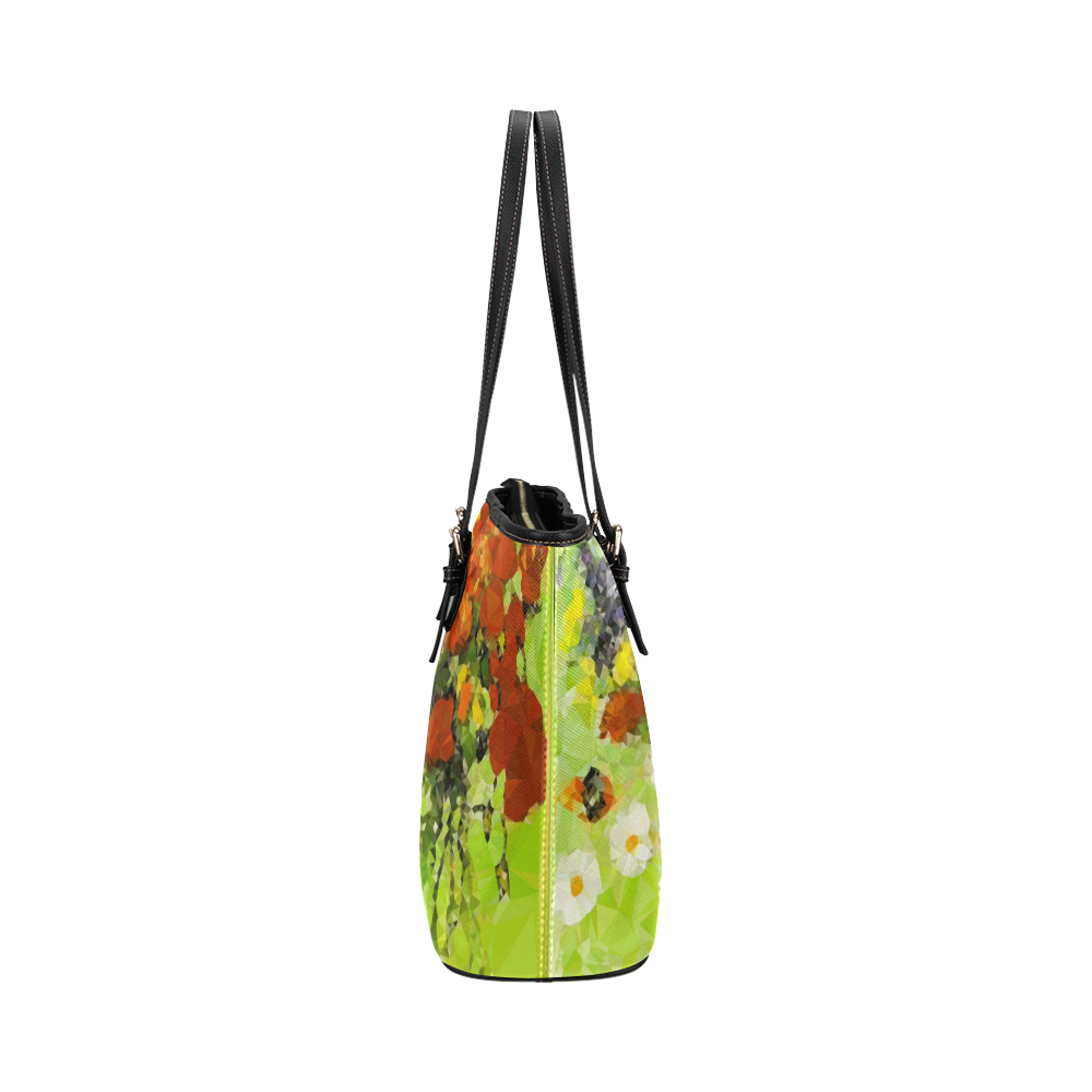 Van Gogh Red Poppies Daisies Low Poly Floral Leather Tote Bag/Small (Model 1651)