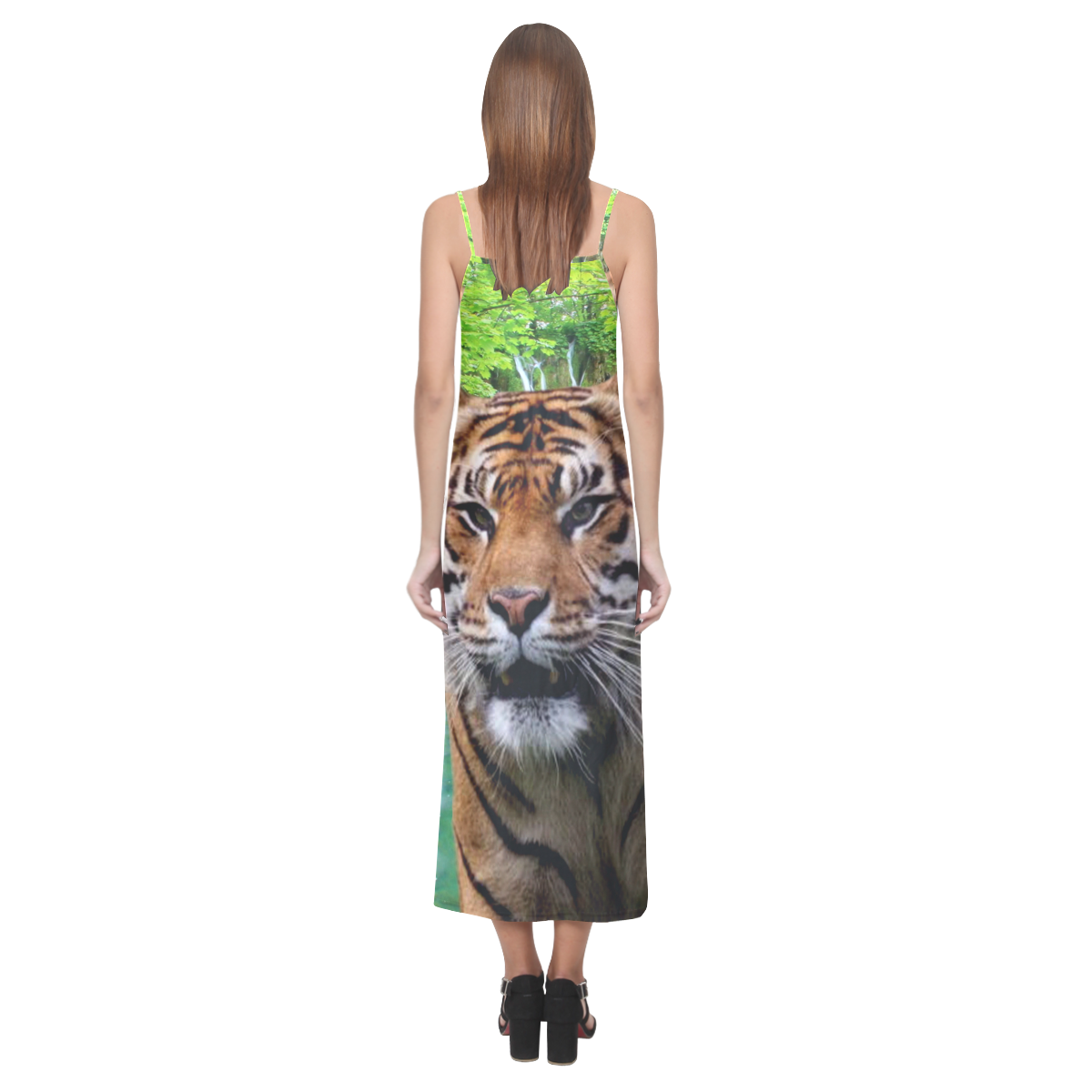 Tiger and Waterfall V-Neck Open Fork Long Dress(Model D18)