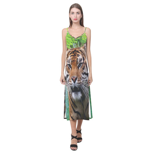 Tiger and Waterfall V-Neck Open Fork Long Dress(Model D18)