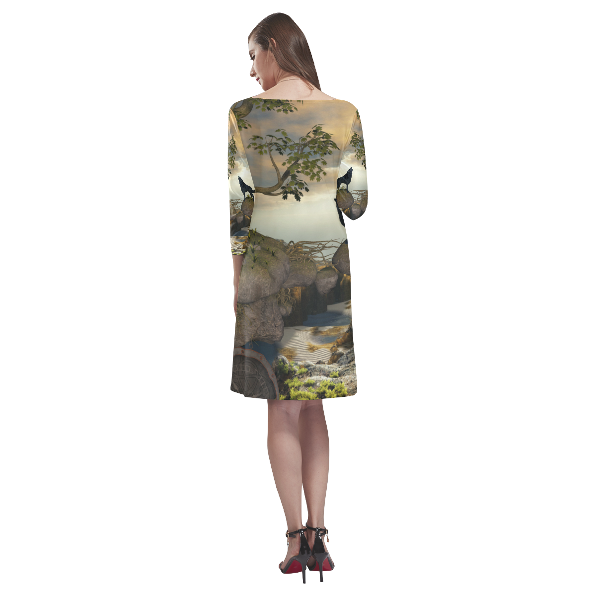 The lonely wolf on a flying rock Rhea Loose Round Neck Dress(Model D22)