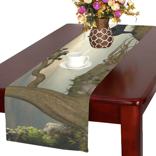 The lonely wolf on a flying rock Table Runner 16x72 inch