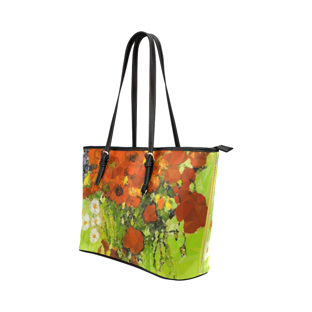 Van Gogh Red Poppies Daisies Low Poly Floral Leather Tote Bag/Small (Model 1651)