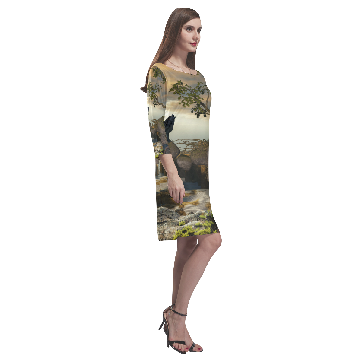 The lonely wolf on a flying rock Rhea Loose Round Neck Dress(Model D22)