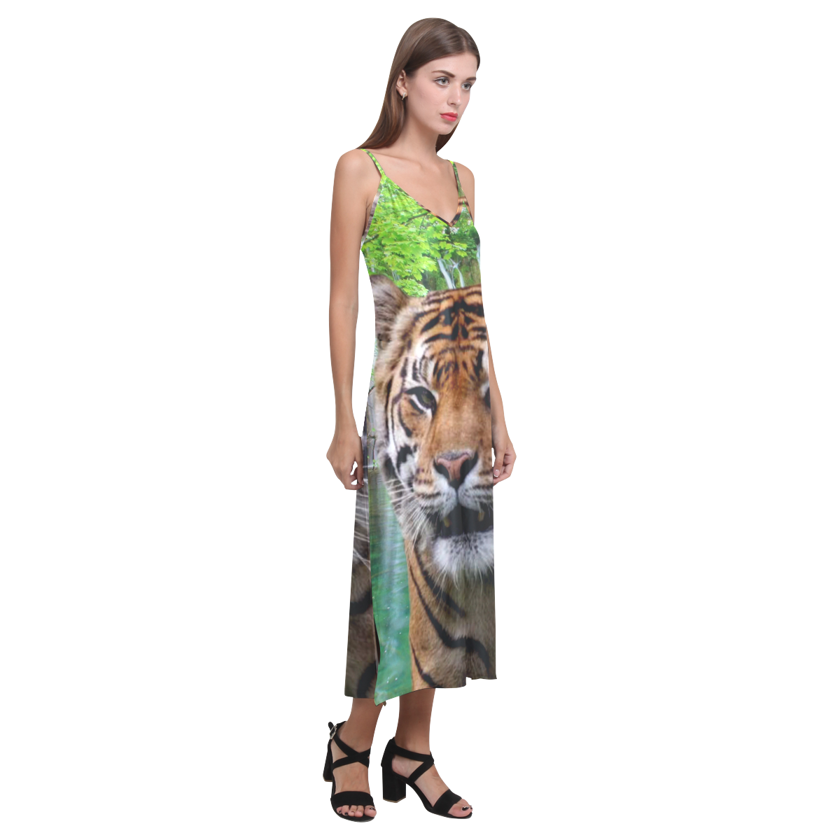 Tiger and Waterfall V-Neck Open Fork Long Dress(Model D18)