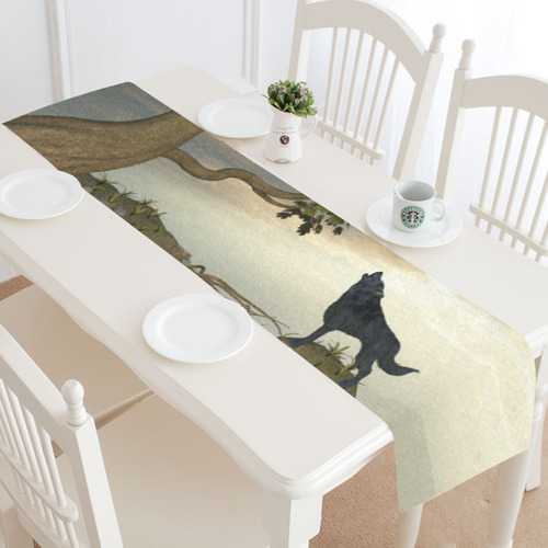 The lonely wolf on a flying rock Table Runner 14x72 inch