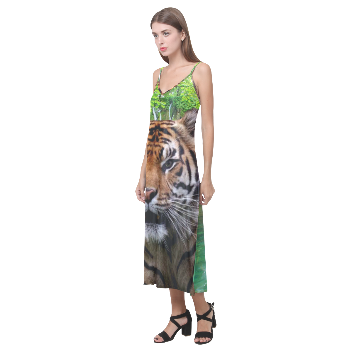 Tiger and Waterfall V-Neck Open Fork Long Dress(Model D18)