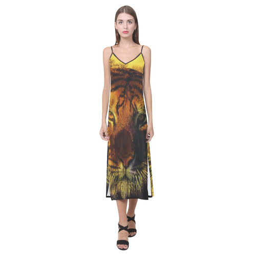 Tiger Face V-Neck Open Fork Long Dress(Model D18)