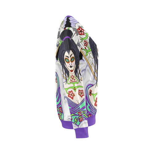 Geisha Sugar Skull Purple All Over Print Crewneck Sweatshirt for Women (Model H18)
