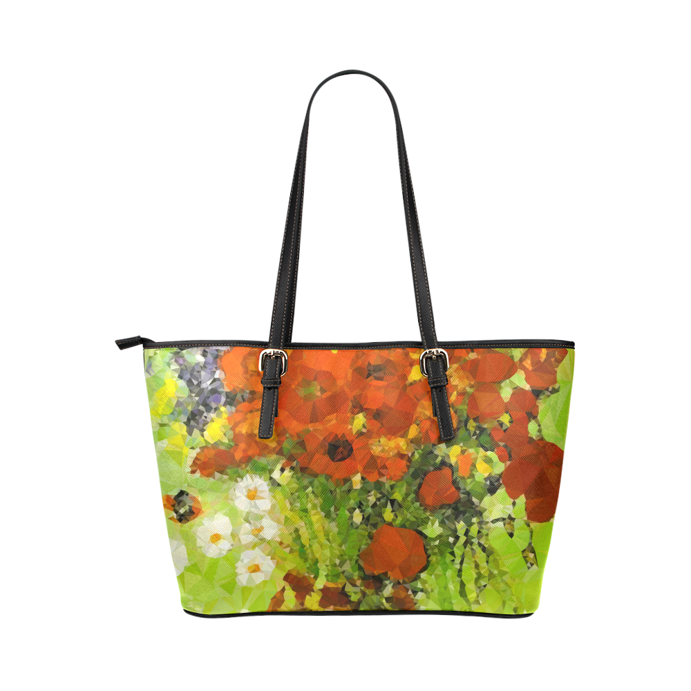 Van Gogh Red Poppies Daisies Low Poly Floral Leather Tote Bag/Small (Model 1651)