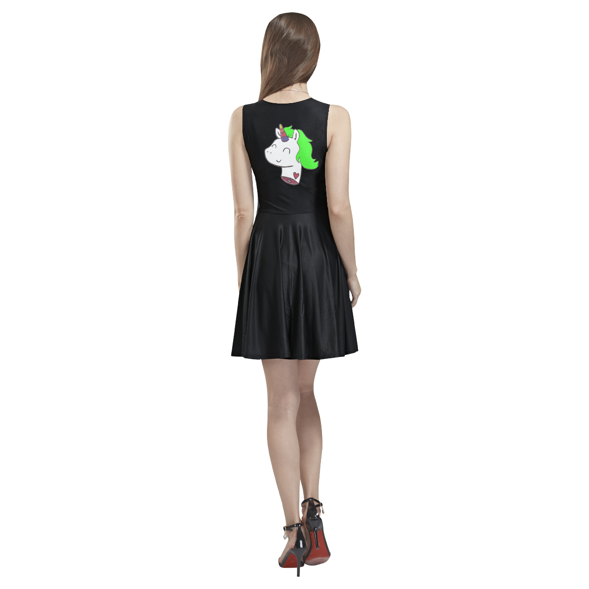 Green Unicorn Black Thea Sleeveless Skater Dress(Model D19)