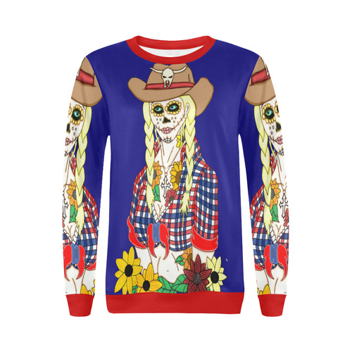 Cowgirl Sugar Skull Blue And Red All Over Print Crewneck Sweatshirt for Women (Model H18)