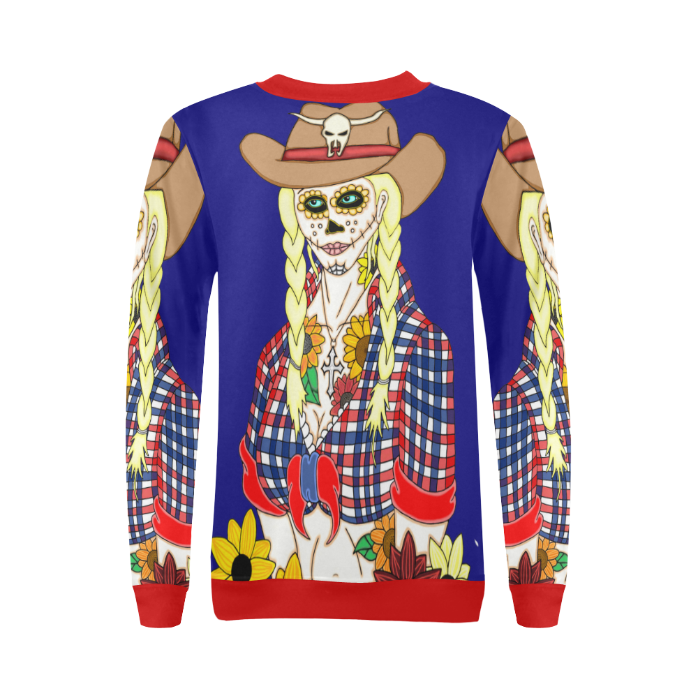 Cowgirl Sugar Skull Blue And Red All Over Print Crewneck Sweatshirt for Women (Model H18)