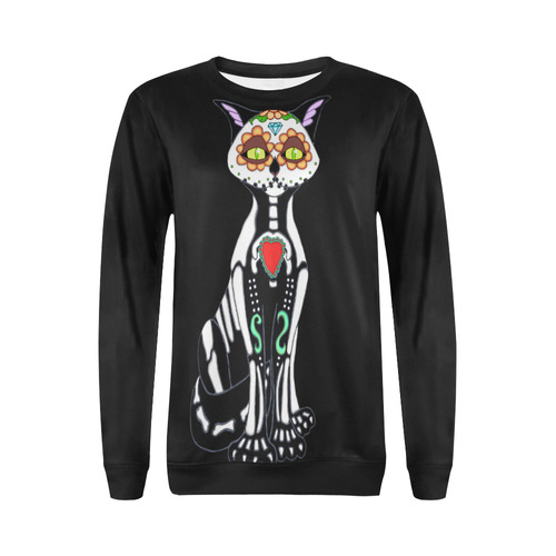 Sugar Skull Cat Black All Over Print Crewneck Sweatshirt for Women (Model H18)