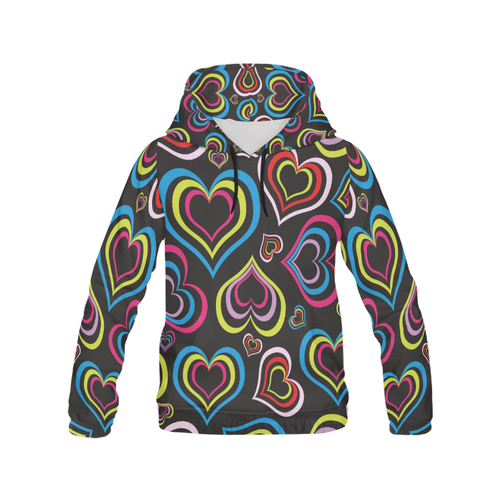 coloured hearts on black hoodie for women All Over Print Hoodie for Women (USA Size) (Model H13)